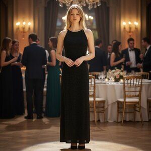 Vintage Slip Dress Gown Formal Goth Black Silver Shimmer Retro Holiday Small